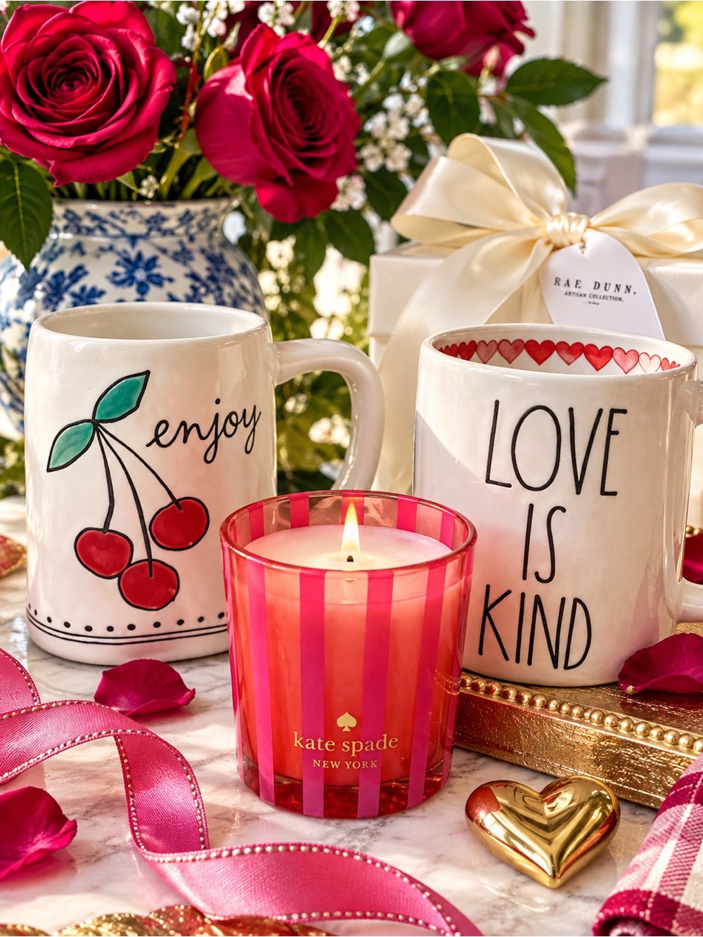 Kate Spade "Made in the Shade" Candle + Rae Dunn Cherry "Enjoy" Mugs Gift Set